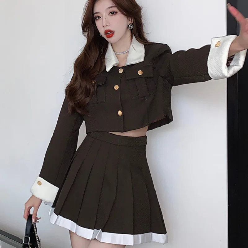 Women Sets French Style Cropped Blazer High Waist Pleated Skirt Two-piece Autumn Office Lady Button Trendy Classy Temperament