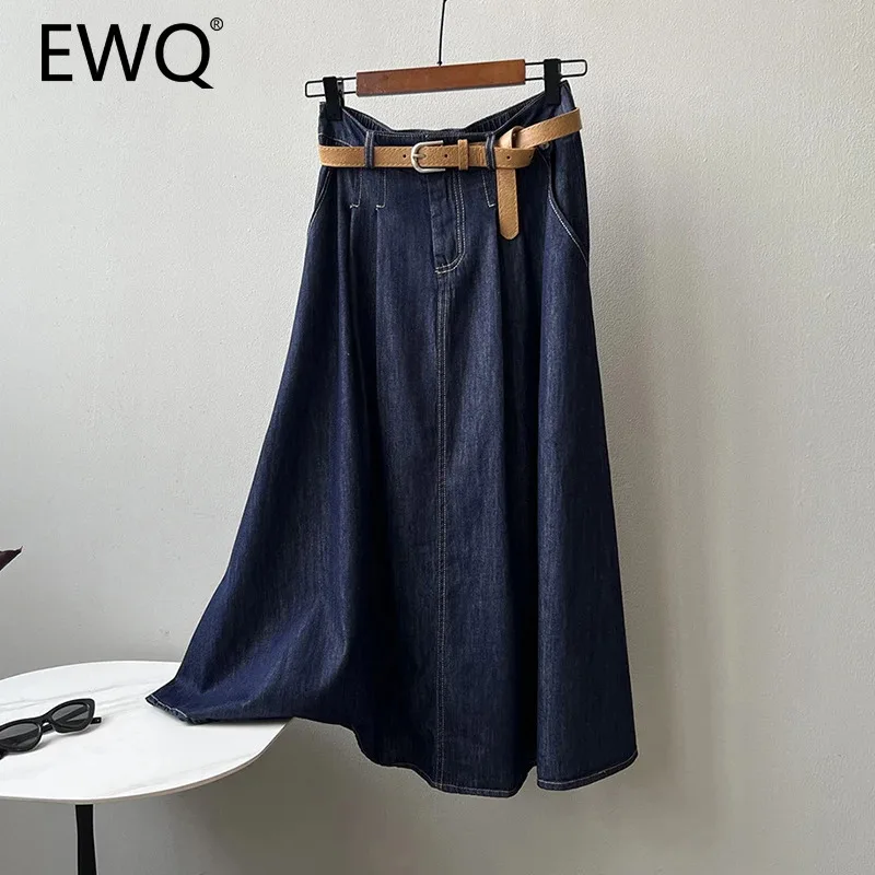 

EWQ Causal Belt Denim Long Skirt For Women Versatile High Waist A-line Solid Color Fashion Clothing 2024 Summer New 27X733