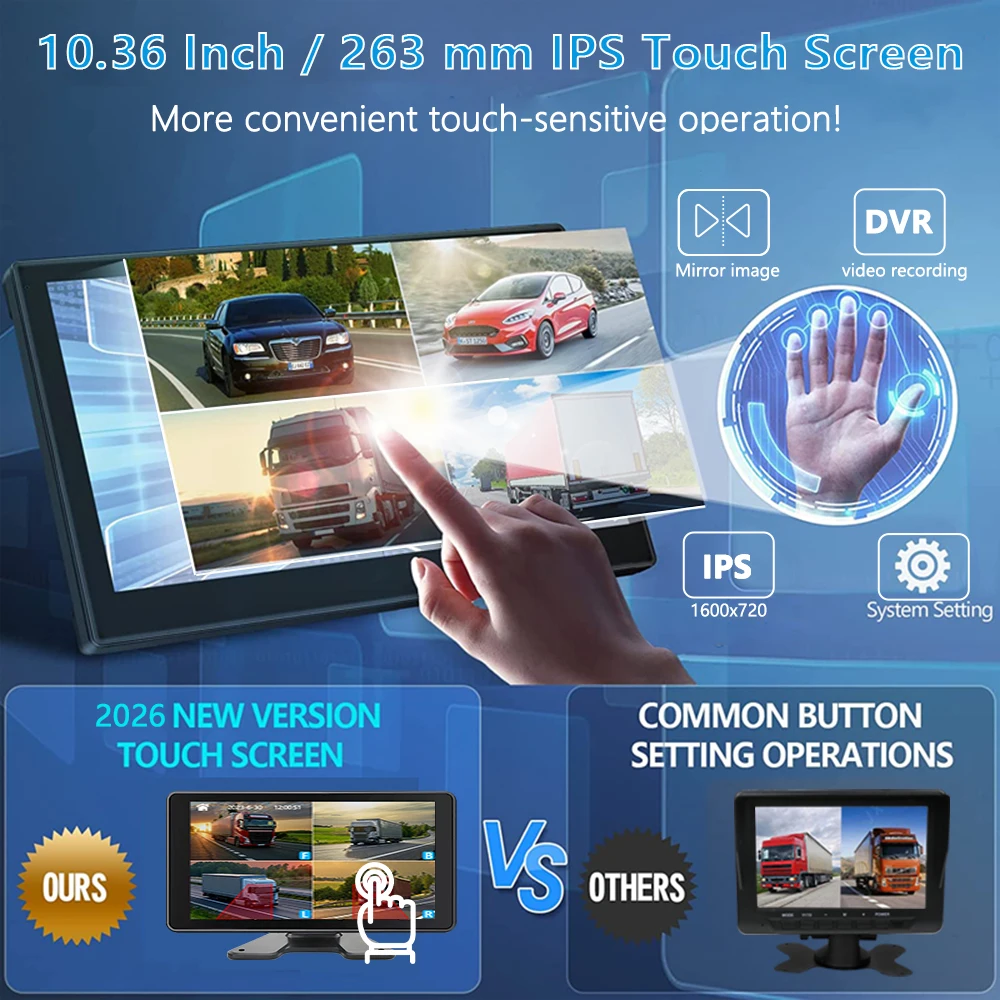 4CH 10.36 Inch Vehicle Truck DVR With 1080P Side/Rear View Cameras MP5 BSD Night Vision Reversing 24H Parking Monitor For Bus RV