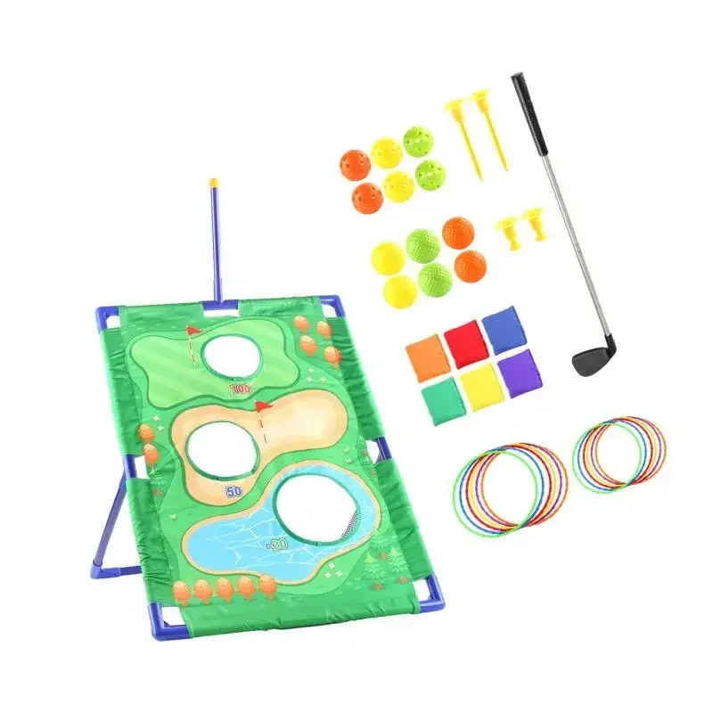 어린이 야외 게임 3in1 골프 세트 장난감 스포츠 골프 퍼팅 연습 매트 콩 던지기 가방 레저 시간 콘홀 세트