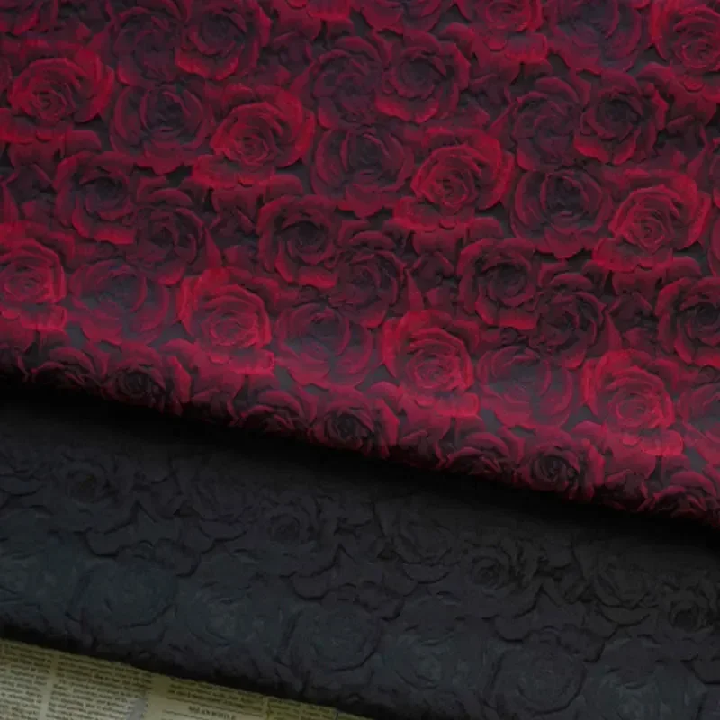 1x1.55cm Embossed Black Dark Red 3D Rose Jacquard Yarn Dyed Fabric for Women\'s Dress Suit Bag Diy Sewing Clothing