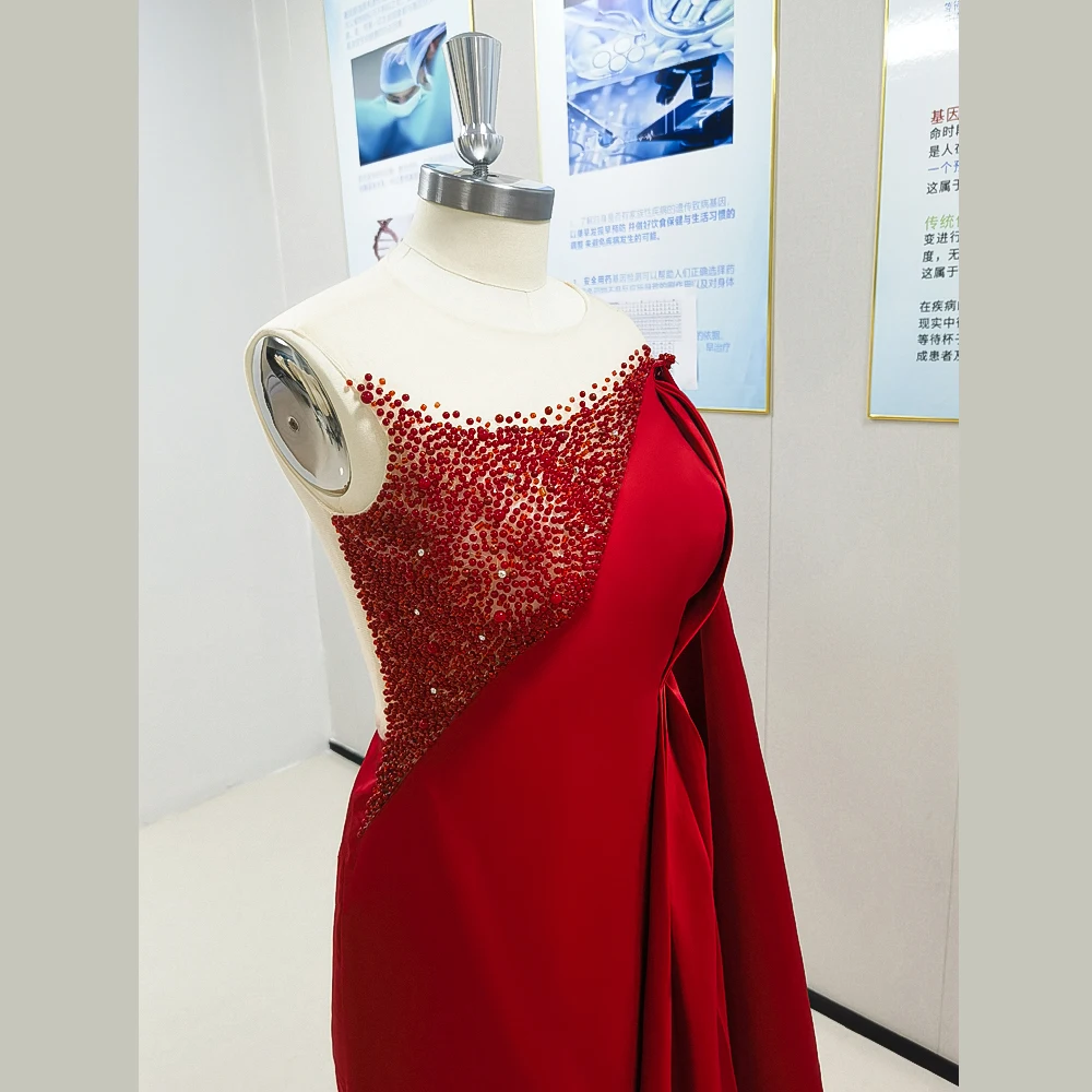 Red Beading Backless A-Line Evening Dress With High Slit New Fashion Female Floor Length Party Prom Ball Gowns