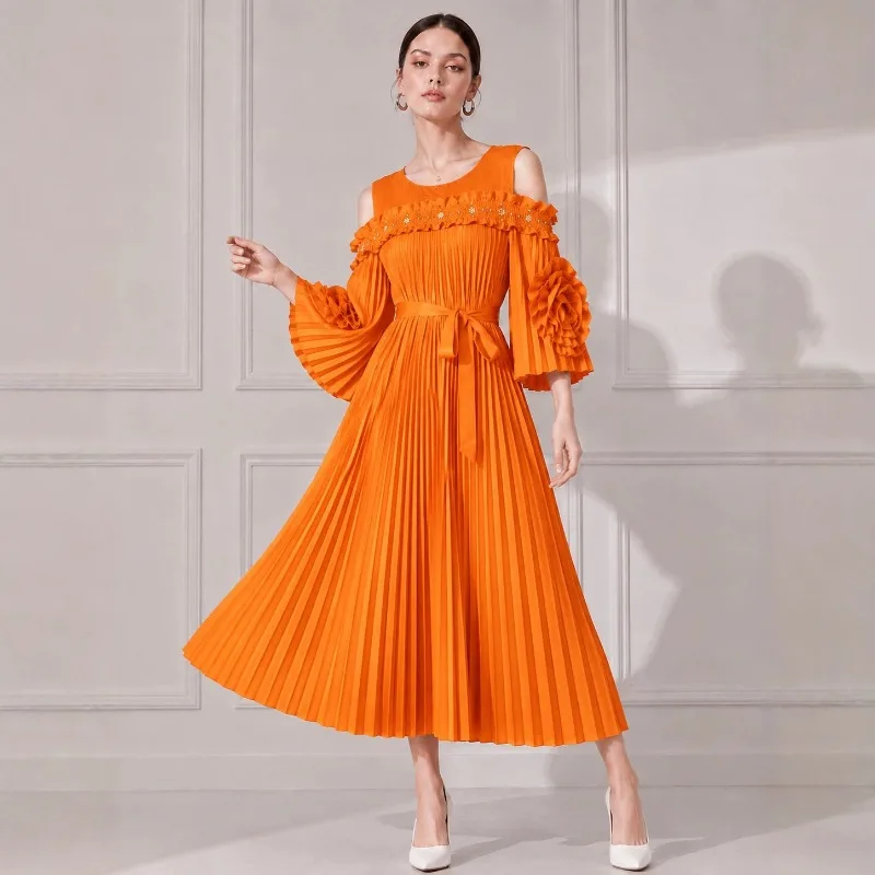 Miyake Pleated Dresses New Fashionable Elegant Off-Shoulder Flared Sleeve 3D Flower Beaded Women's Elegant Party Dress