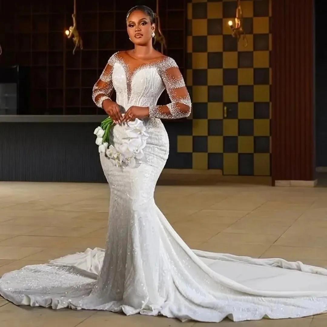 

2026 African Mermaid Wedding Dress Sheer O-neck Long Illusion Sleeves Beads Court Train Bridal Gown Elegant Bridal Dress Brides