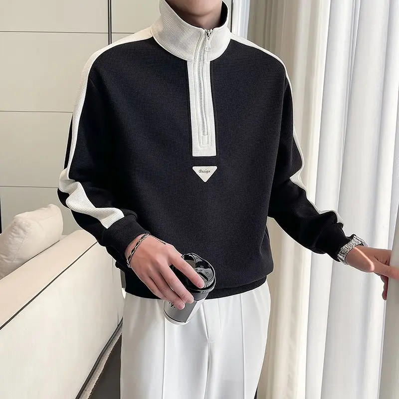 Autumn and Winter Men's New Half High Neck Zipper Sweater Spliced Long Sleeve Waffle Casual Comfortable Versatile Shirt