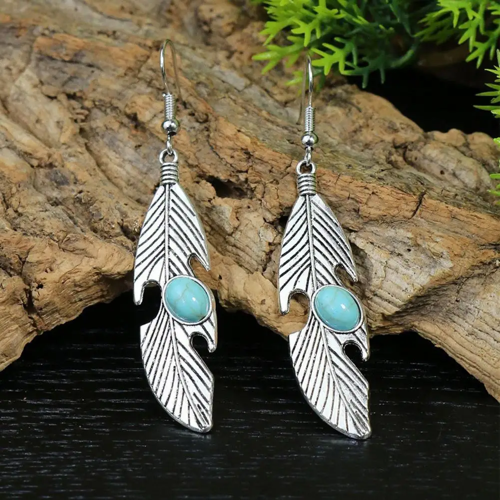 Bohemian Vintage Earrings Faux Turquoise Earrings Bohemian Style Feather Earrings with Faux Turquoise Detail Long for Women