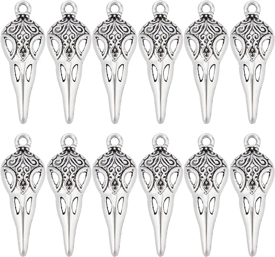 40Pcs Tibetan Style Alloy Pendants Gothic Style Skull Antique Silver 35x12.5x9mm Hole: 2mm