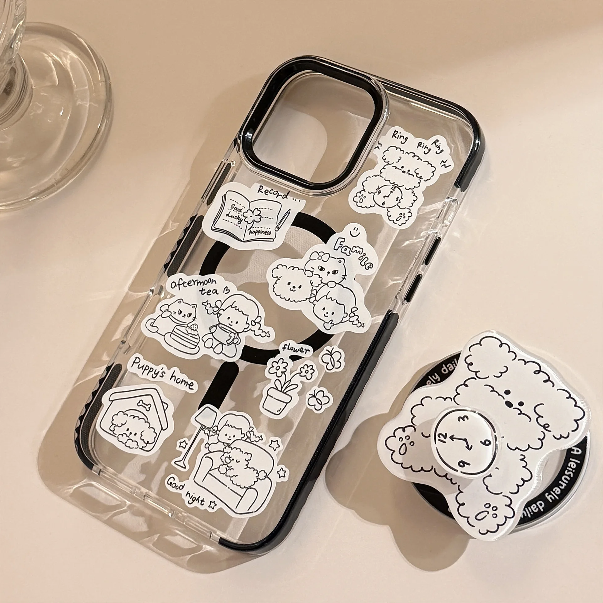 Einfache Graffiti-Cartoon-Drehuhr-Hundehalterung, magnetische Handyhülle für iPhone 17, 16, 15, 14, 13, 12, Pro Max, klare, stoßfeste Abdeckung