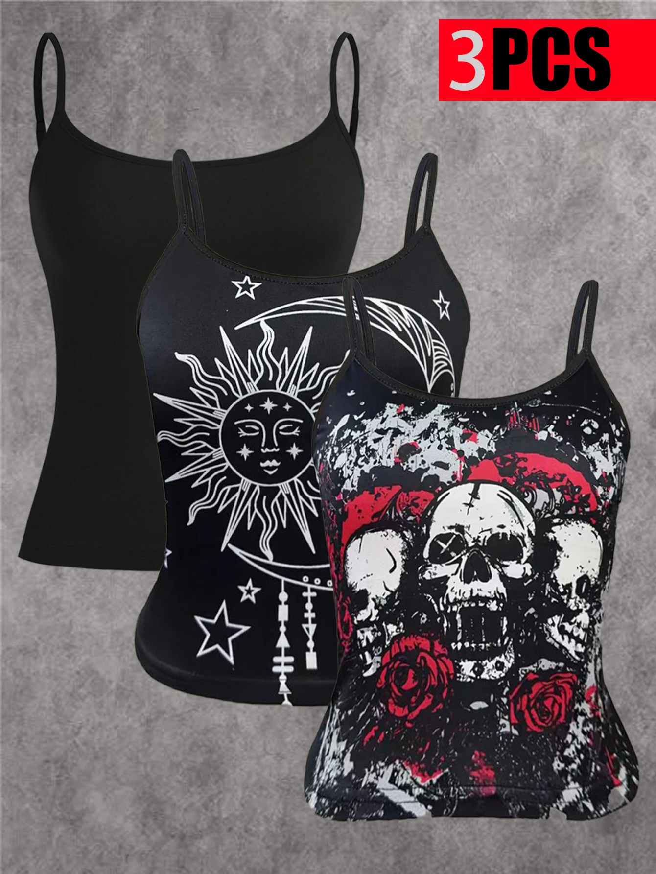 2024 New Gothic Strap Top Women's Summer Fashion Skull Print Personalized Design Black Slim Fit Top Casual  Strap Top 3-piece