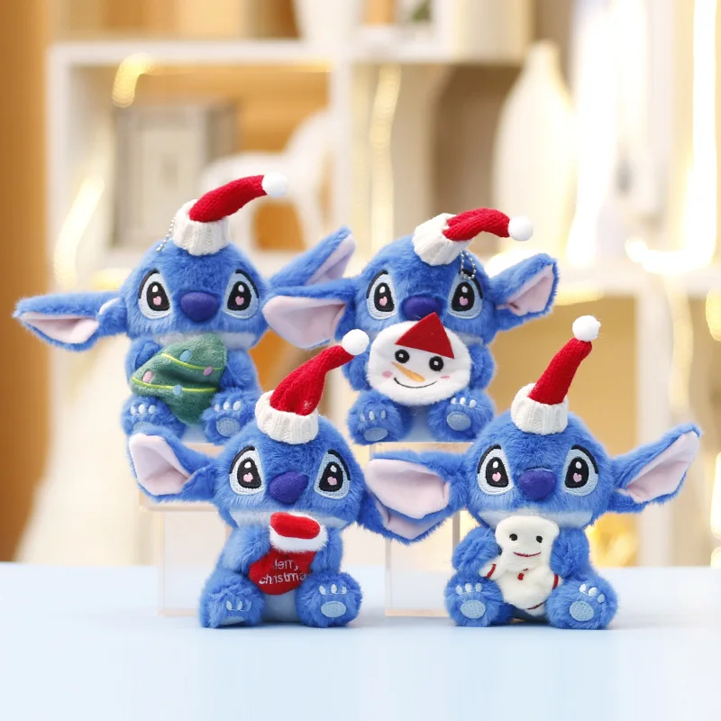 

New Disney Stitch Plush Toy Christmas Hat Pendant Anime Doll Cartoon Bag Pendant Keychain Children's Birthday Christmas Gift