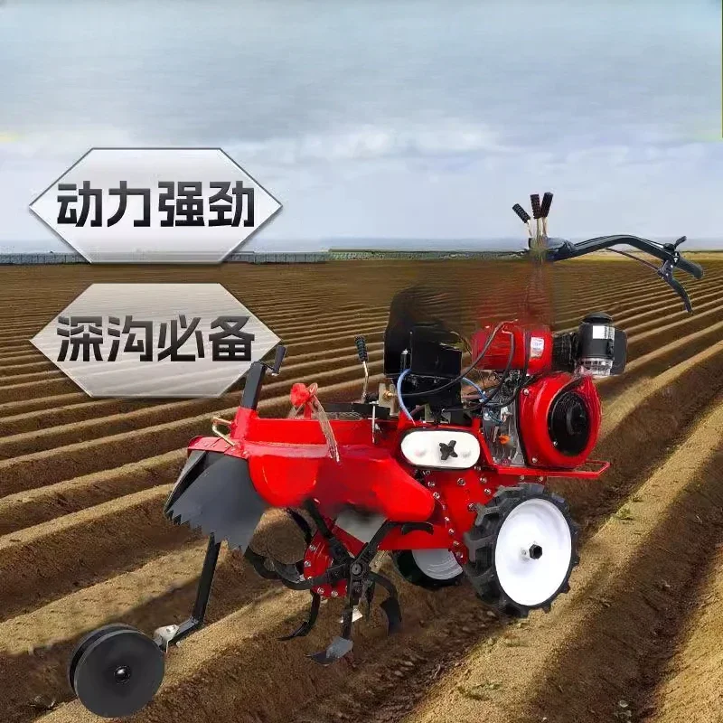 Green onion small multi-functional four-wheel drive diesel trencher, agricultural ridge and trench strawberry artifact soil
