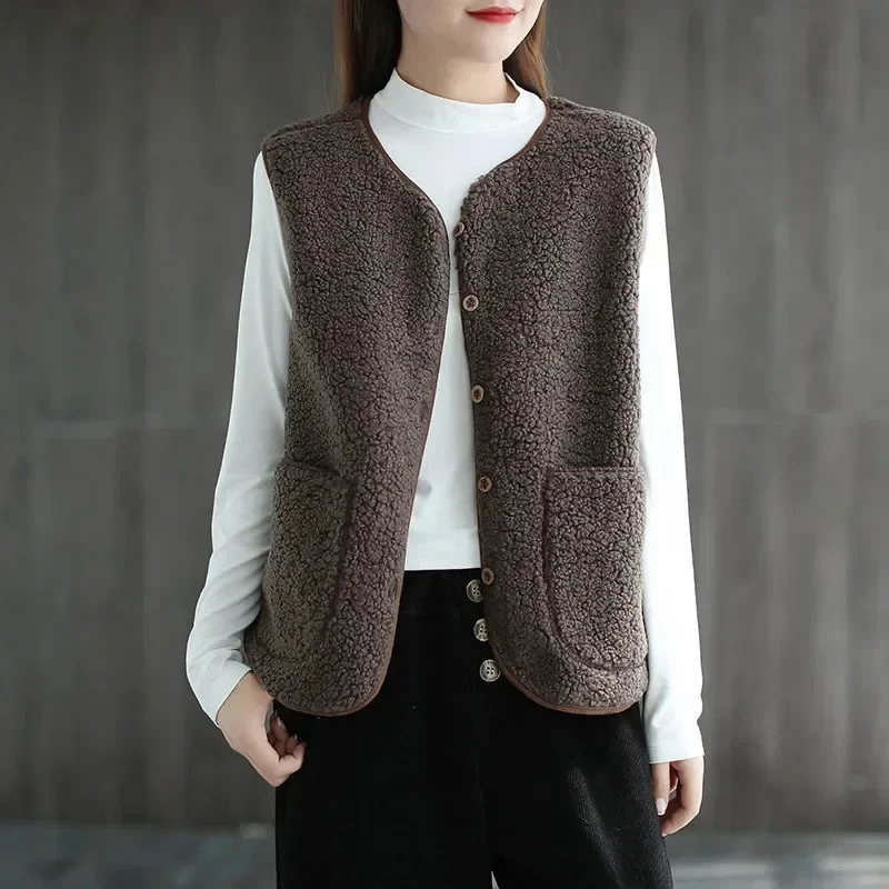 Chaleco de lana gruesa para mujer, chaqueta sin mangas, cálida, coreana, Primavera, otoño, invierno, novedad de 2024