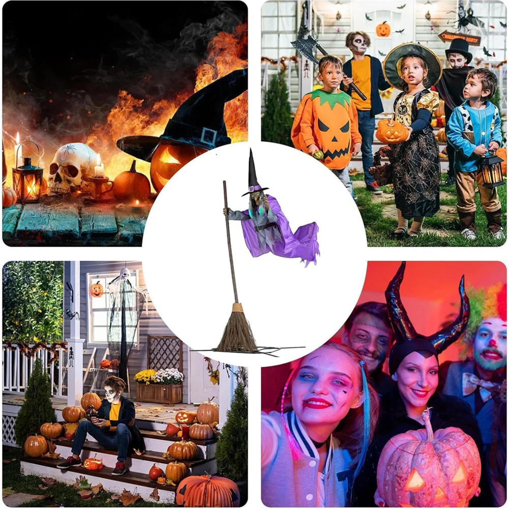 Accessoires d'Halloween avec sons et lumières terribles, décor de sorcière volante, balai, décor de magicien pour balcon, entrée, fête à thème
