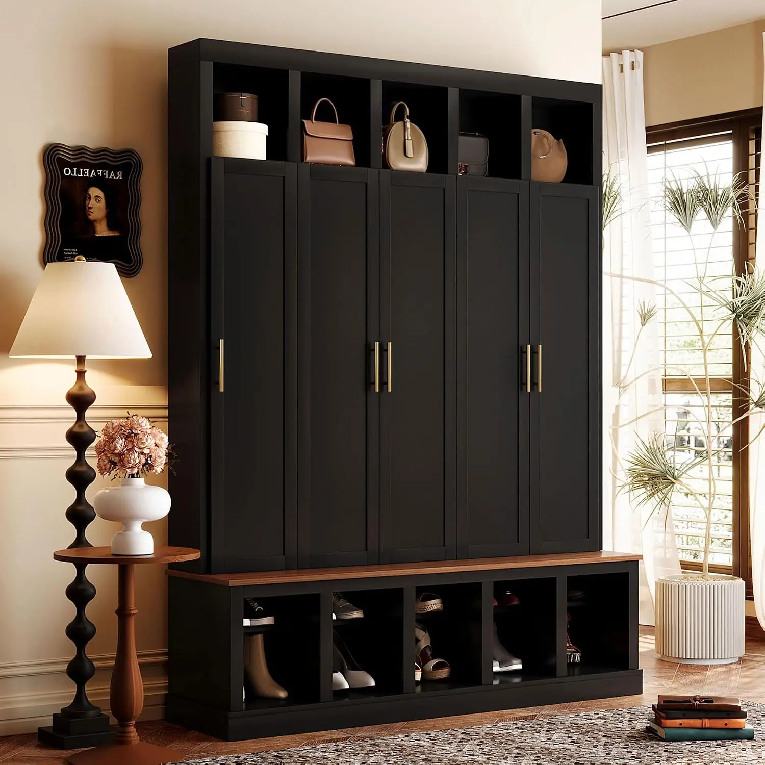 59’’W Vertical Entryway Organizer with Doors, Shoe Rack, Open Cubbies & 5 Coat Hooks for Hallway Living Room Mudroom
