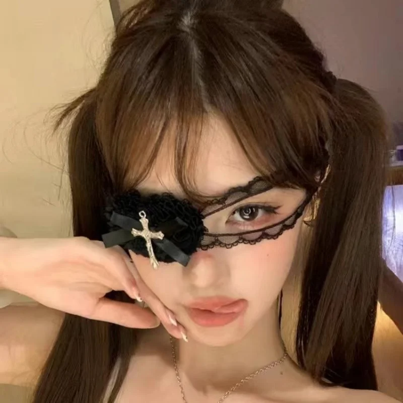 Панк-маска для глаз с крестом, женская Лолита, косплей, повязка на глаза, готический Хэллоуин, сердце, бант, кружевные очки, цепочка на ногу, аксессуары