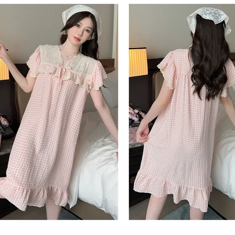 110KG 5XL Plus Size Womens Home Dress Loose Princess Sleepshirt Japanese Students Plaid Nightgown Ladies Short Sleeve Loungewear