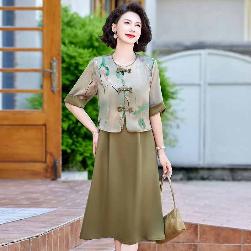 

New Chinese Sle Summer Outfit Dr Set ort Sve Middle Aged Women's Faion Loose Fit Long Skirt with Button Detail