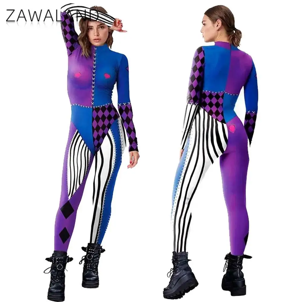 Zawaland Carnival Clown Cosplay Costume 3D Print Jumpsuit for Women Bodysuit Fancy Holiday Party Elastic Zentai Outfit Clothing