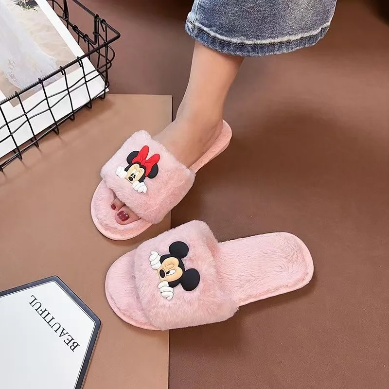 Sneaking at Mickey Mouse Cute and Playful Girl Style Home Plush Cotton Slippers Women's Plush Shoes One Line Slippers