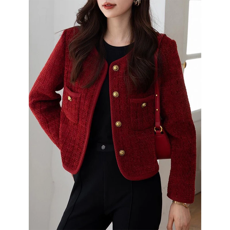 Vintage Tweed Jacket Women Cropped Suit Coat Fall Winter Korean Long Sleeve Outerwear Ladies Elegant Chic All Match Blazer New