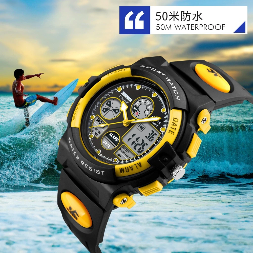 ساعة إلكترونية جديدة للأطفال بحركة مزدوجة نموذج طالب متعدد الوظائف مضيئة مقاومة للماء ساعة إلكترونية LED