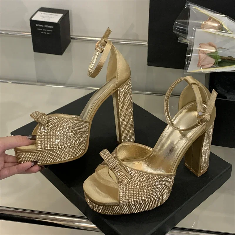 

Aneikeh Runway Fashion Butterfly-kont Rhinestone Square High Heels Women Banquet Party Shoes Fashion Open Toe Platform Sandals