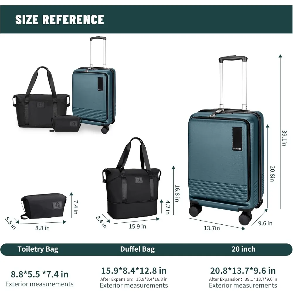 Bagaglio a mano tascabile per laptop da 20 pollici con apertura frontale con guscio rigido, ruote girevoli, lucchetto TSA e cerniera YKK - Viaggio compatto