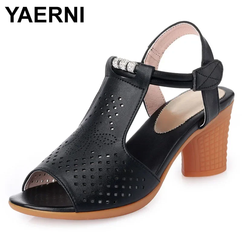 YAERNI Promotion New Hollow Rhinestone Genuine Leather Shoes Summer Women Sandals Soft Bottom Comfort Women Shoes Fashion Sandal