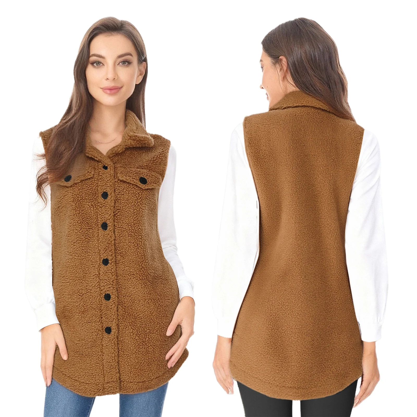 Womens Warm Fleece Sherpa Jas Revers Mouwloos Front Button-down Fake Flap Pockets Vest Bovenkleding voor Dagelijks Vrijetijdskleding