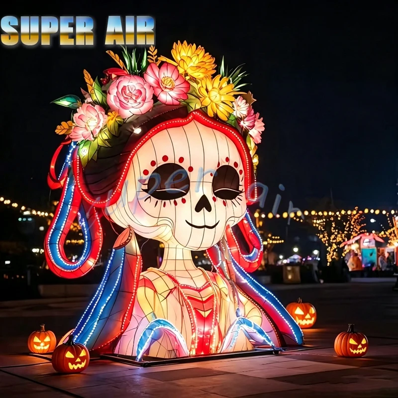 Custom LED Inflatable Sugar Skull Model for Day of the Dead, Light Festival, Theme Park & Halloween Outdoor Decoration