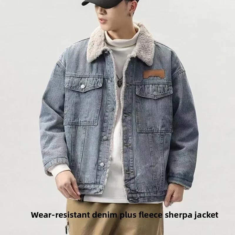 

Lamb Fur Lined Thiened Denim Jaet for Men Korean Sle Loose Fit Large Size Versatile Wear Resistant Casual Outerwear