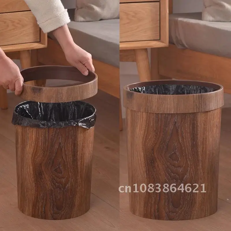 

Retro Wood Grain Trash Can Home Living Room Kitchen Garbage Bin Office Toilet Paper Basket Bathroom Bedroom Supplies