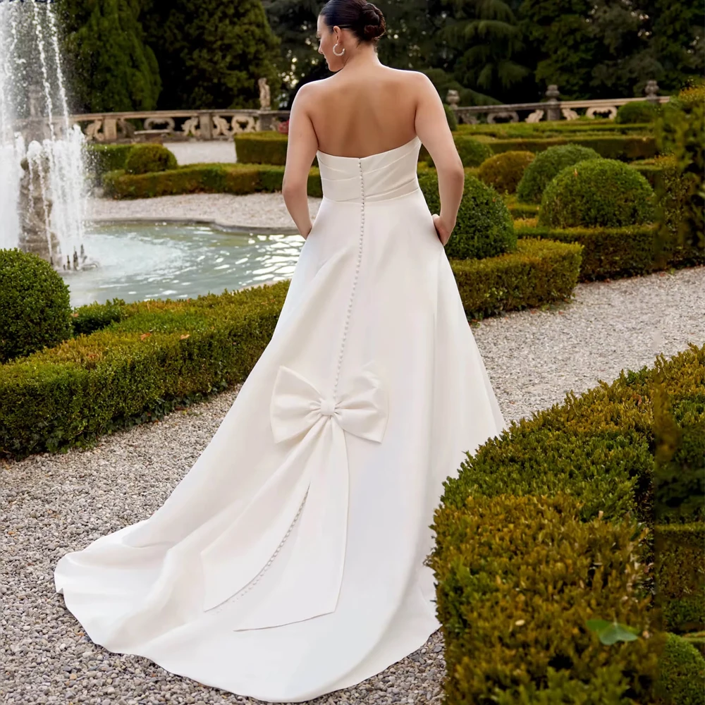 Customized Strapless Satin Plus Size A-Line Wedding Dress With Bow Backless Sleeveless Minimalism Vestidos Bridal Gown