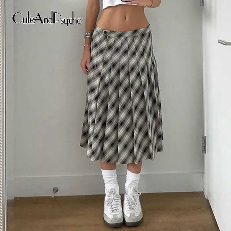 

Cuteandpsycho Vintage Plaid Pleated Skirts Y2K Aesthetic Harajuku Fashion Clothes Streetwear Chic Patchwork Mid-Calf Bottoms