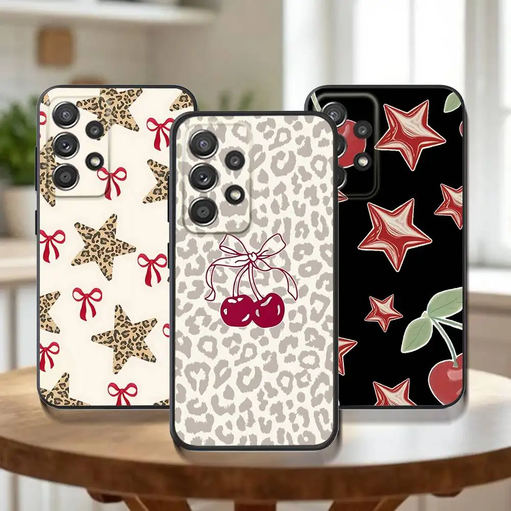 

Leopard Print Cherry Star Phone Case For Samsung Galaxy A20,A21s,A22,A31,A32,A52,A53,A72,73,A80,Note,J,S Soft Black Cover