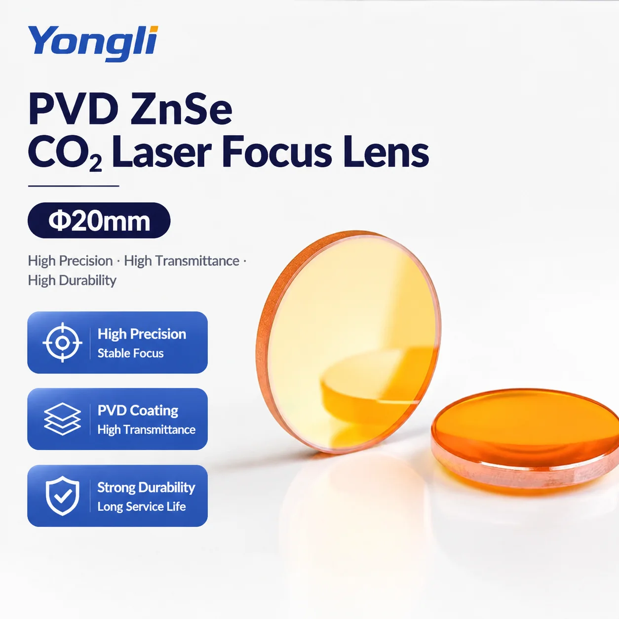Yongli PVD ZnSe CO2 Laser Focus Lens Φ20mm High Precision High Transmittance Durable Laser Lens for Engraving Cutting Machine