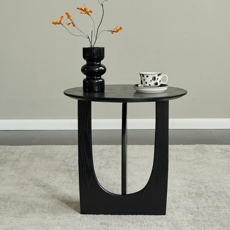 

Nordic Round Solid Wood Side Table Minimalist Black End Table for Sofa/Bed Living Room Bedroom Furniture with Storage Shelf