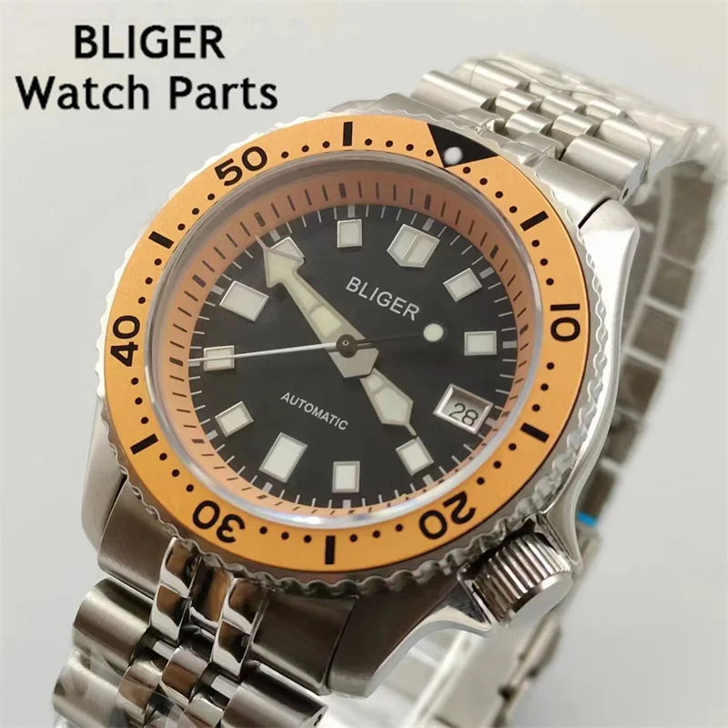 BLIGER 42mm Watch Men NH35 Automatic Mechanical Wristwatch  Black Blue Dial Green Luminous Stainless Steel Strap