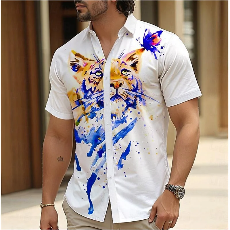 

Tiger Ink Painting Men's Vacation Hawaii 3D Printed Shirt Button-Down Short Sleeve Summer Beach Shirt Vacation Daily Wear XS-5XL