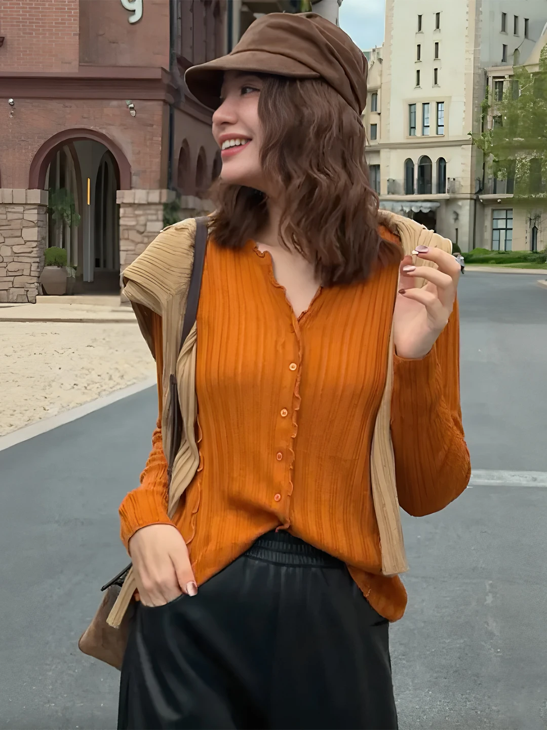plus Size Knitwear Women's Pumpkin Orange White Enhancing Lazy Style Wood Grain  Autumn New Arrival Elegant Top