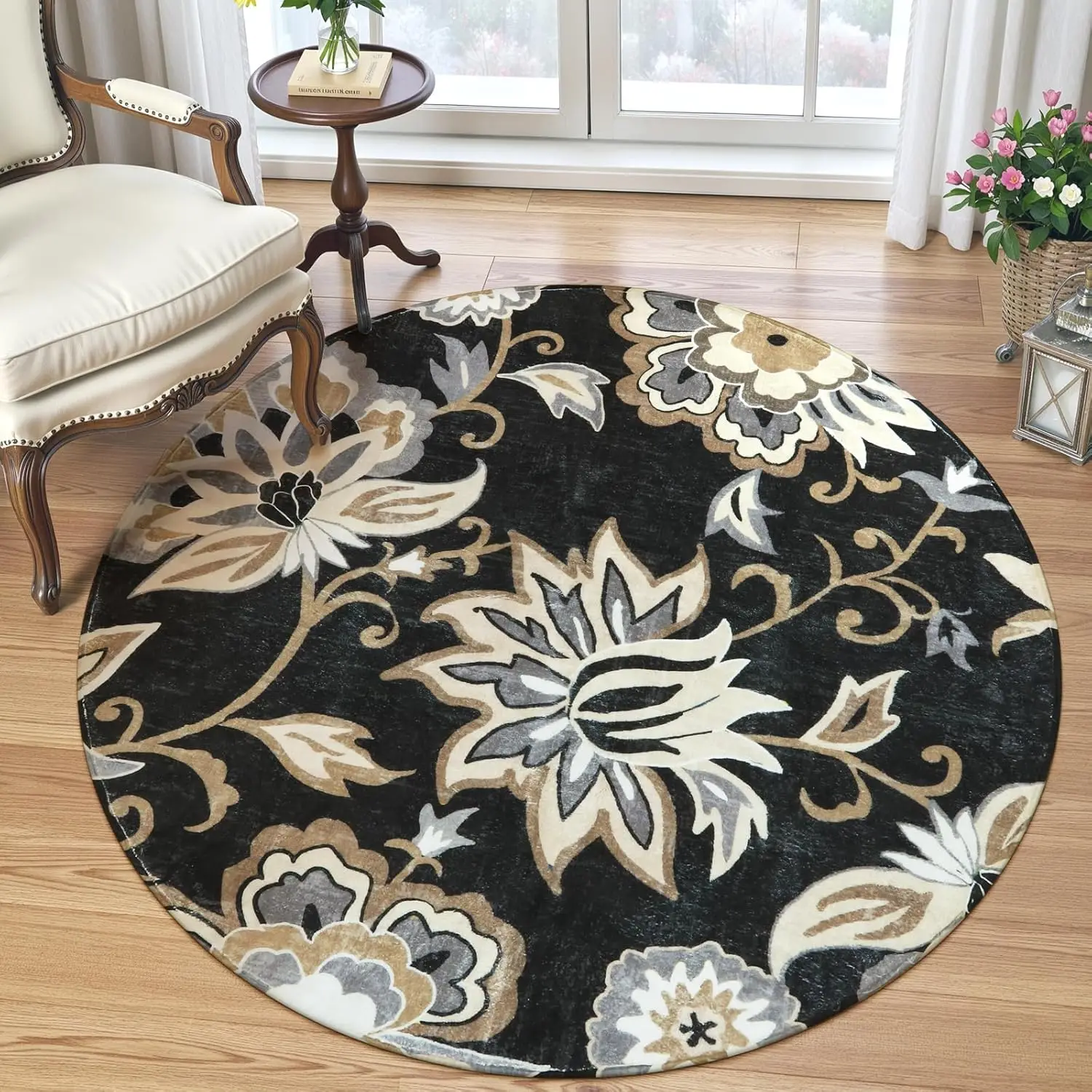 Floral Black Round Rugs Washable Round Area Rug Non-Slip Small Round Entryway Rug Throw Soft Bedroom Circle Rug Paisley Print