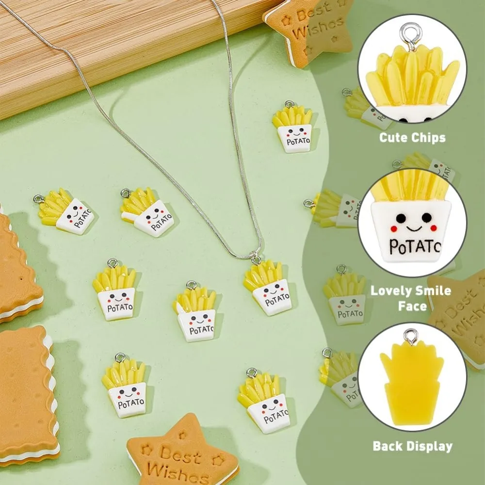 30Pcs Opaque Resin Pendants Imitation French Fries Charms Smile Face Chips Dangle Charm Beads Cute Funny Imitation Food Resin