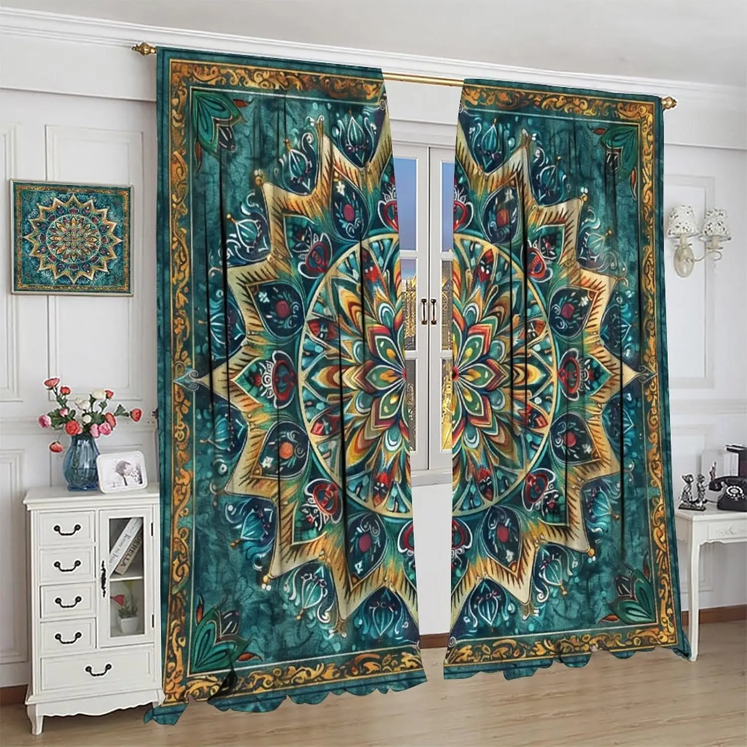 Colorful Floral Bohemia Mandala Blackout Curtains for Living Room Bedroom, Abstract Pattern Hippie Window Curtains Rod Pocket