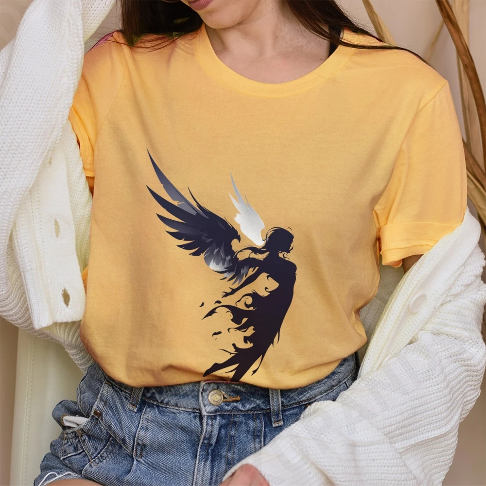 Ángel del viento oscuro, camiseta gráfica Y2k, camiseta extragrande para mujer, lindo conejito pintado a mano, arte de estilo coreano, top de verano 2025