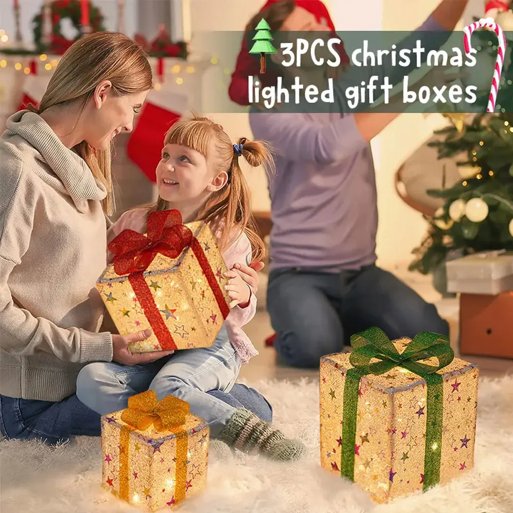 D2 3PCS Luminous Christmas Gift Box 8 Modes Lighted Up Outdoor Christmas Decor With Bow Holiday Christmas Tree Home Yard Decor