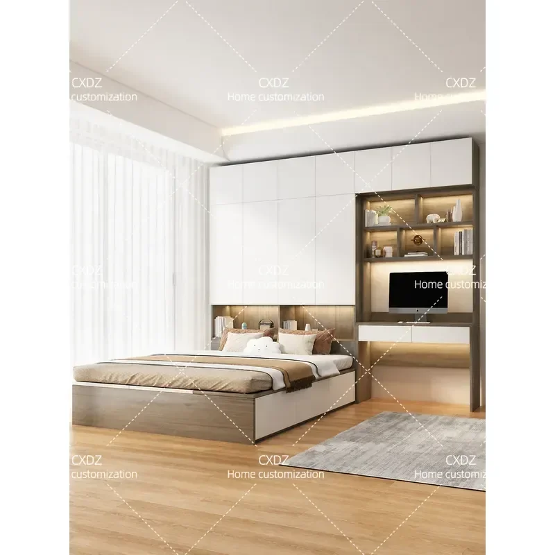 Solid Wood Double Bed with Wardrobe and Desk Integrated Tatami Style Bedroom Furniture Custom Storage Cabinet for Home Use