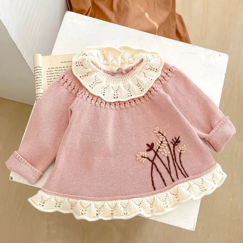 Autumn new outfit for 0-3 year old baby children\'s clothing, girl baby lotus leaf collar cute long sleeved knitted long top