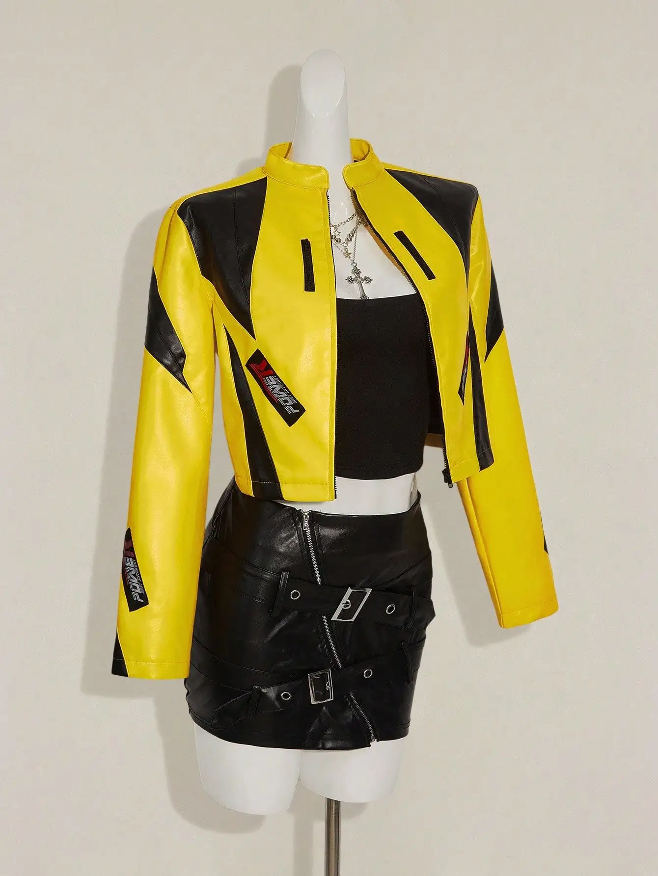 

Женская укороченная куртка в стиле Y2K, мотоциклетная, из искусственной кожи, желто-черная, в уличном стиле