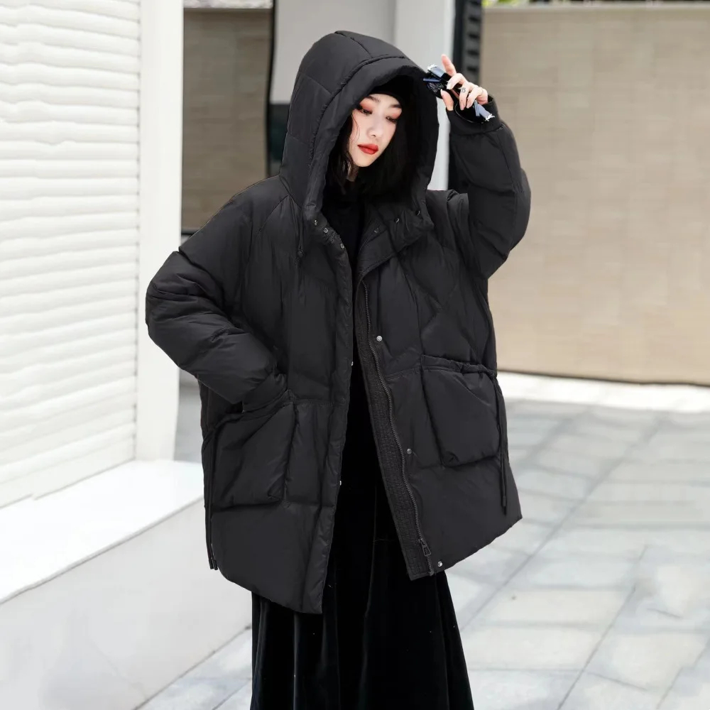 Hooded Puffer Jacket for Women, Thick Warm Overcoat, White Duck Down, Loose, Large Size, Long, Winter, New, 2024