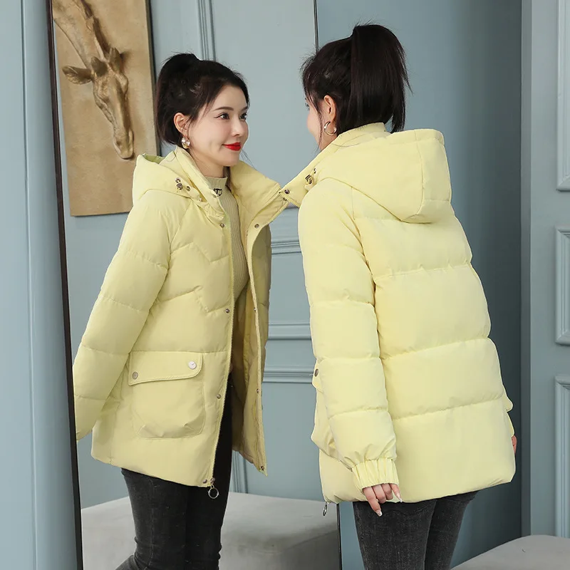 

Autumn Winter Solid Color Hooded Parka Jacket Collar Full Sleeve Zipper Casual All Match Fashion Women's Warm Coat